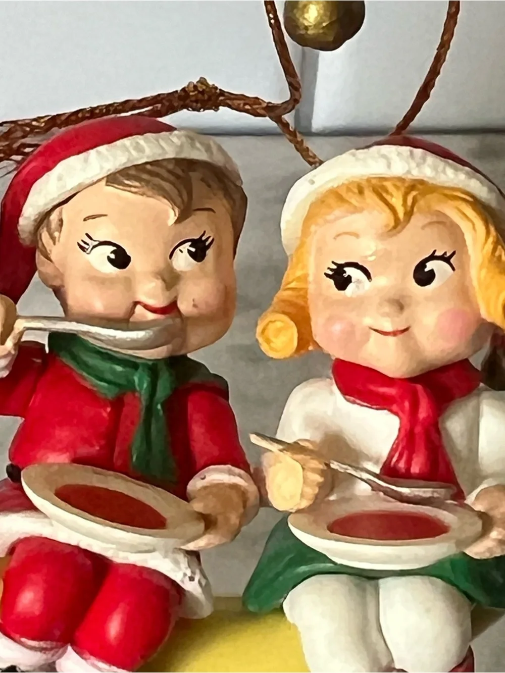 Vintage Campbell's Yellow Moon with Red, Green and White Elves Ornament